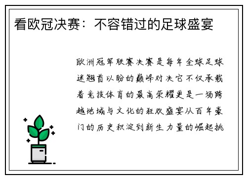 看欧冠决赛：不容错过的足球盛宴