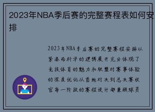 2023年NBA季后赛的完整赛程表如何安排